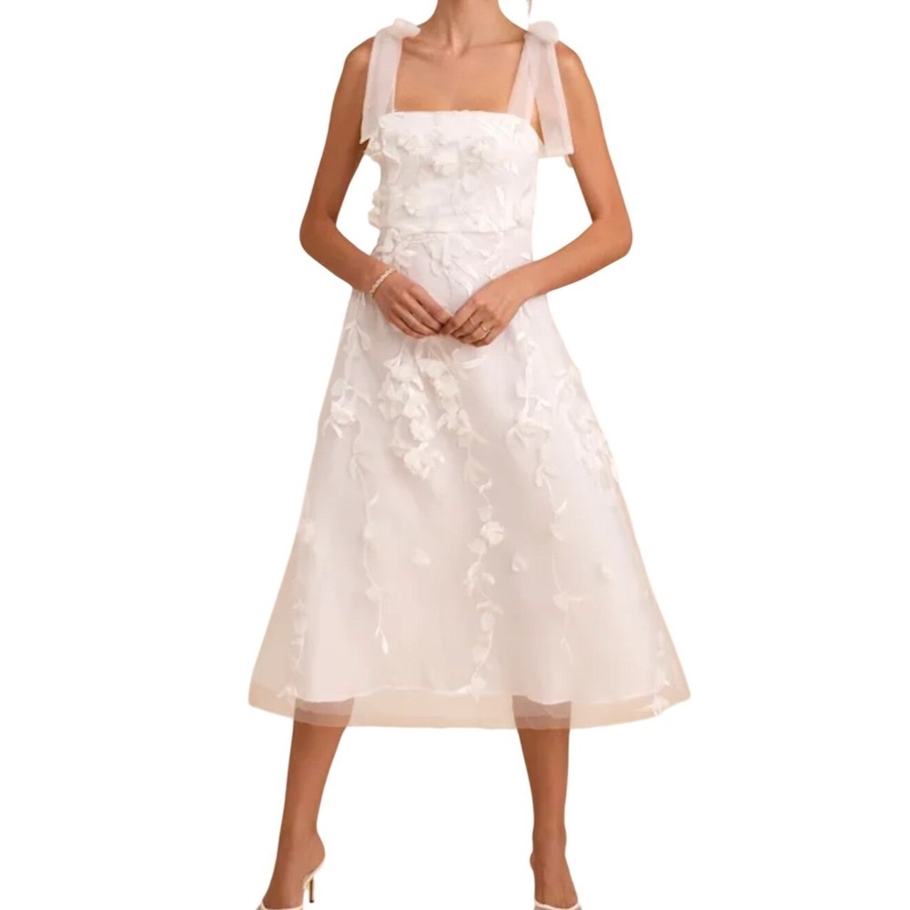 NWT Lulus Effortlessly Sweet White Tulle 3D Floral Tie-Strap Midi Dress XL Bride